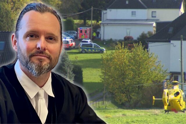 Montage: Staatsanwalt Jörg Schulte-Göbel vor dem Tatort in Dortmund-Sölderholz