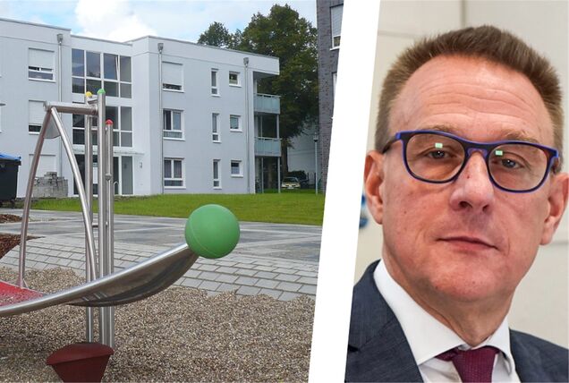 Bildzusammenschnitt: Der neuma-Aufsichtsratsvorsitzende Peter Wenzel (r.) Links im Bild eine neuma-Immobilie am Ovelheider Weg.