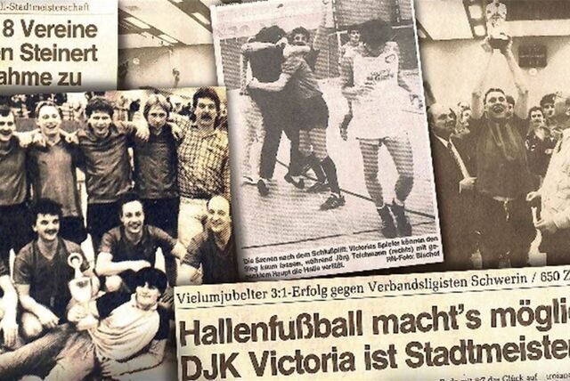 Das siegreiche Team von Victoria Habinghorst (l.) sorgte dafür, dass die Schweriner Spieler wie etwa Jörg Teichmann (Foto M.) nach dem Stadtmeisterschafts-Endspiel 1987 mit hängenden Köpfen das Parkett verließen. Bei der Siegerehrung reckte Martin Maleszka (r.) den Siegerpokal in die Höhe, beobachtet von Turniererfinder Pit Steinert.