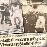 Das siegreiche Team von Victoria Habinghorst (l.) sorgte dafür, dass die Schweriner Spieler wie etwa Jörg Teichmann (Foto M.) nach dem Stadtmeisterschafts-Endspiel 1987 mit hängenden Köpfen das Parkett verließen. Bei der Siegerehrung reckte Martin Maleszka (r.) den Siegerpokal in die Höhe, beobachtet von Turniererfinder Pit Steinert.