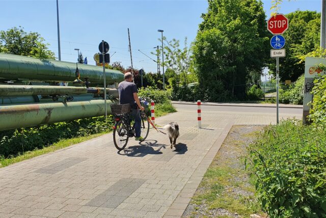 „Ende“ heißt es auf dem Verkehrszeichen. Tatsächlich endet die „Allee des Wandels“ bis auf Weiteres hier an der Langenbochumer Straße in Westerholt. Auf der anderen Straßenseite ist die Fläche für die geplante Fortsetzung zu erkennen. Den Zugang versperrt ein Bauzaun der Deutschen Bahn.