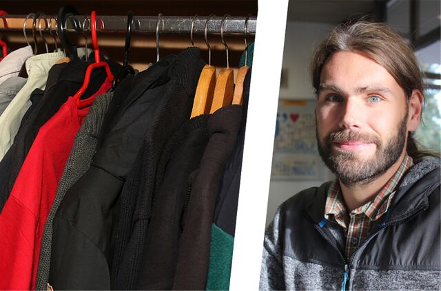 Montage: Links ist eine Kleiderstange zu sehen, rechts im Bild Marcel Donner von der Kleiderkammer Waltrop.