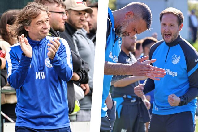 Treffen sich im Kreispokal: Sascha Rammel (r), Trainer des FC Frohlinde, und Michael Wurst (l), Coach des FC Castrop-Rauxel.