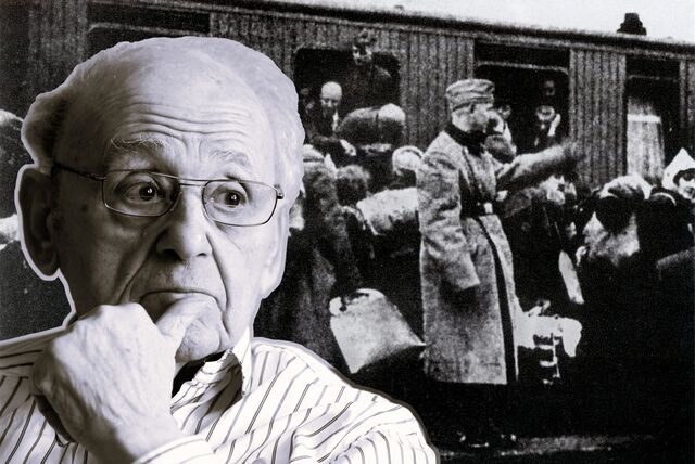 Ein älterer Mann, dahinter die Szene einer Deportation an einem Eisenbahnwaggon.