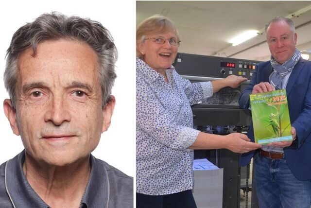 Dr. Franz-Jürgen Wittstamm (l.) ist einer der vielen Autoren, die am Vestischen Kalender 2023 mitgewirkt haben. Rita Maria Schütz, Dr. Matthias Kordes und Nicole Wölke-Neuhaus stellten das „Heimat-Magazin“ jetzt bei Schützdruck vor.