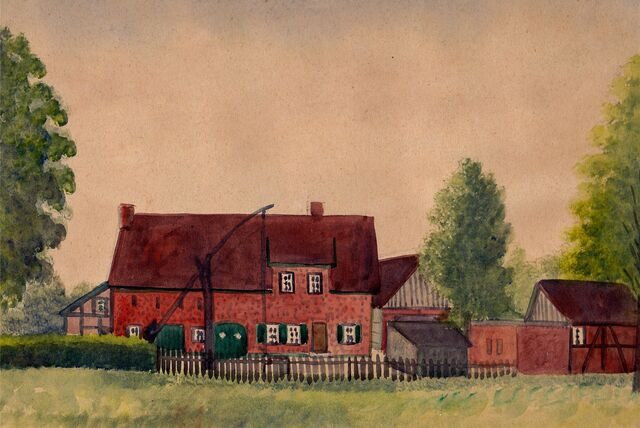 Ein Aquarell des Hofes Schülken in Waltrop, das etwa aus dem Jahr 1950 stammt.