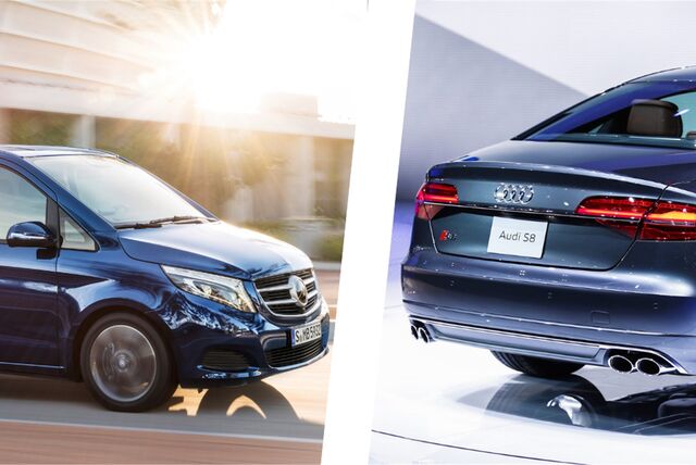 Montage aus der Front einer Mercedes V-Klasse und dem Heck eines Audi S8.
