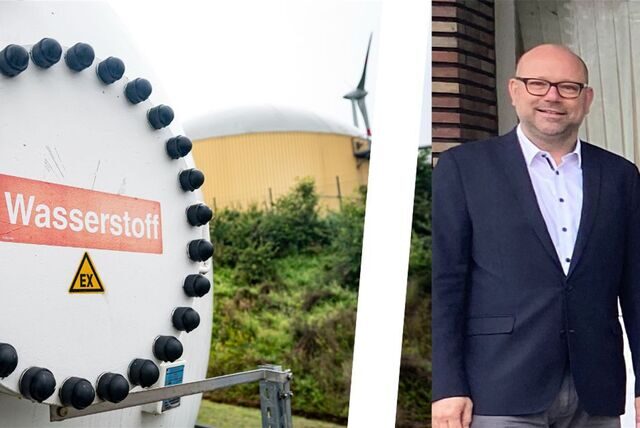 Links ein Wasserstofftank, rechts Windor-Geschäftsführer Markus Funk
