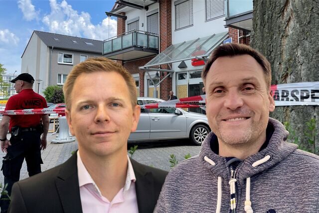Am Nachmittag nach der Automatensprengung an der Sparkasse Henrichenburg: Im Mai wurde hier ein Geldautomat gesprengt. Über den Prozess vor dem Landgericht Dortmund gegen einen 23-Jährigen unterhalten sich die Reporter Tobias Weckenbrock (l.) und Martin von Braunschweig.