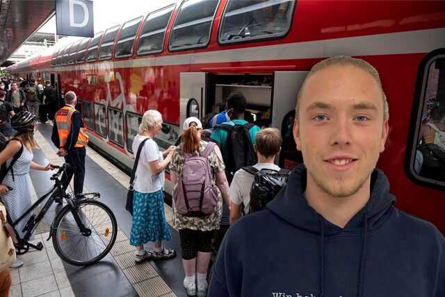 Der 19-jährige Pendler und Student Fynn Robering aus Oer-Erkenschwick, montiert neben einen Regionalexpress am Bahnsteig.