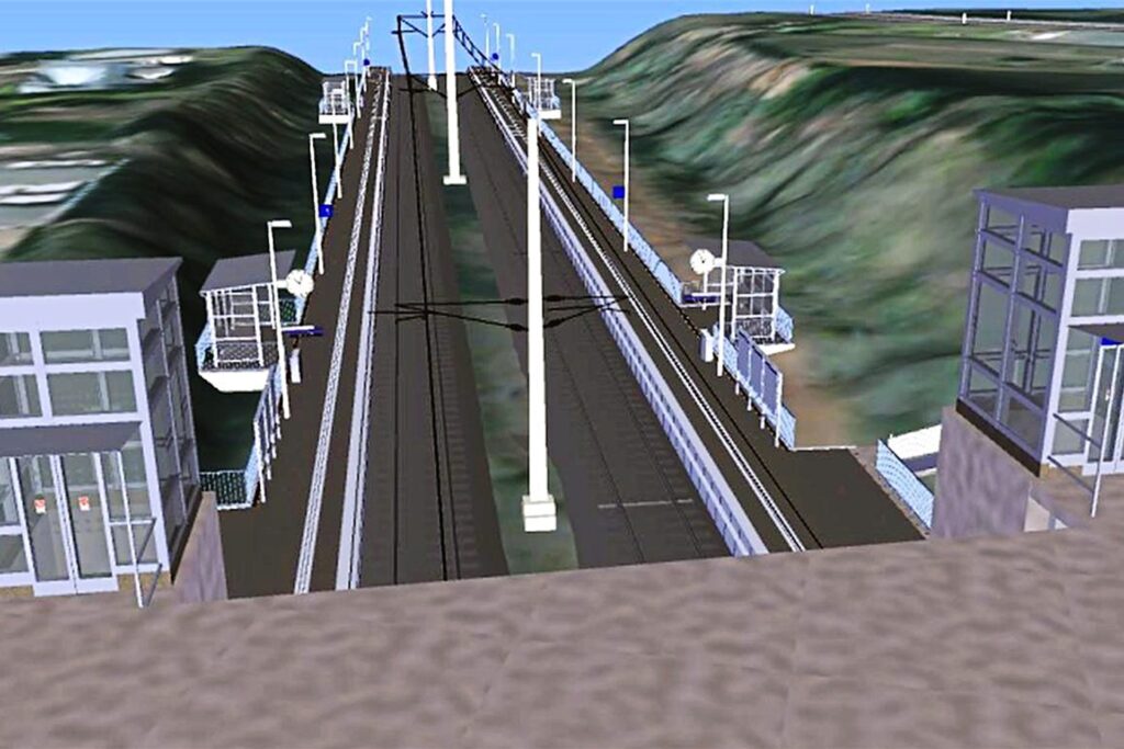 So soll der Bahnhof nach der vollständigen Fertigstellung aussehen. Die beiden Treppen- und Aufzugstürme im Vordergrund, die von der Feldstraße hinab zu den Bahnsteigen führen, werden aber erst in einigen Jahren gebaut.