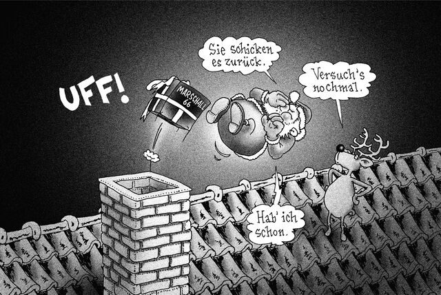 Karikatur: Der Weihnachtsmann bekommt ein Geschenkpaket zurück: das Kulturzentrum Marschall 66.
