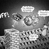 Karikatur: Der Weihnachtsmann bekommt ein Geschenkpaket zurück: das Kulturzentrum Marschall 66.