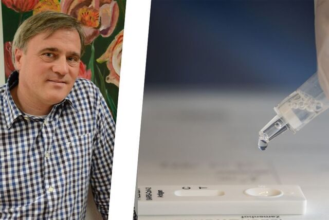 Links Jürgen Bernhardt vom Caritas-Seniorenheim St. Anna, rechts ein Tropfen Test-Flüssigkeit auf dem Weg in den Teststreifen
