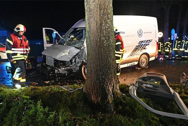 Transporter fährt bei Unfall in Dorsten gegen einen Baum.