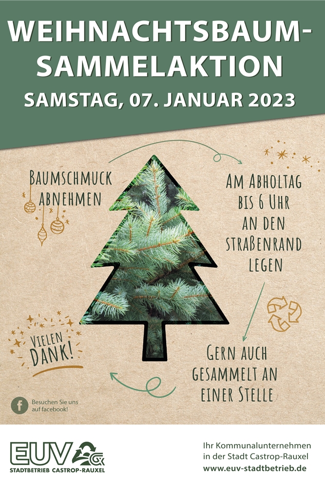 Das Plakat des EUV zur Weihnachtsbaum-Sammelaktion 2023 in Castrop-Rauxel. Das Plakat des EUV zur Weihnachtsbaum-Sammelaktion 2023 in Castrop-Rauxel.