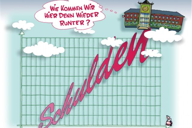 Karikatur: Die Stadt Waltrop musste 2012 runter vom Schuldengipfel, der auf 150 Mio. Euro angewachsen war.