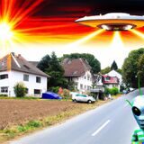 Ein Ufo schwebt über Häusern, die Castrop-Rauxel darstellen sollen. Der Himmel sieht aus als würde er brennen.
