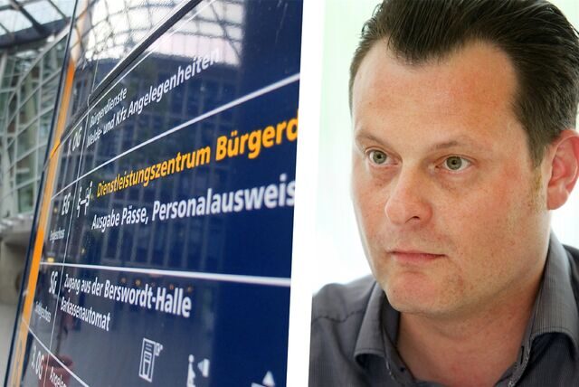 Schild von den Bürgerdiensten und Stadtsprecher Michael Meinders in einer Montage.