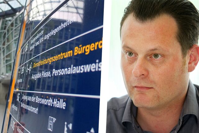 Schild von den Bürgerdiensten und Stadtsprecher Michael Meinders in einer Montage.
