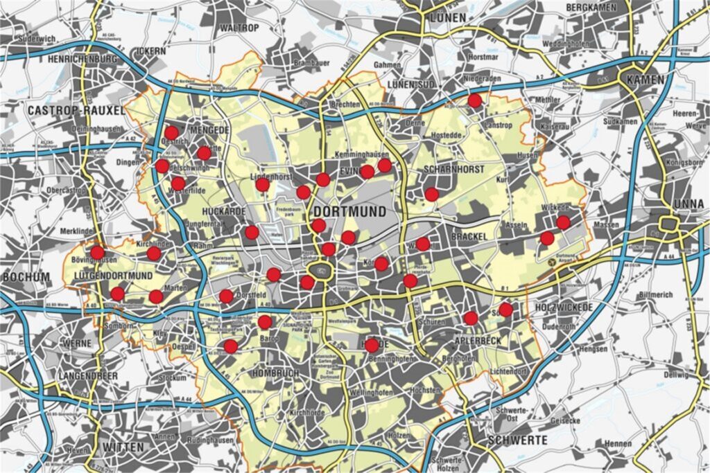 Karte von Dortmund mit roten Markierungen, wo die Sirenen stehen.