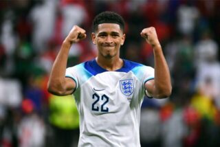 Jude Bellingham bejubelt Englands 3:0-Erfolg gegen den Senegal.