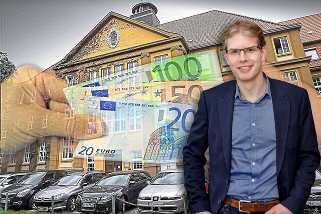 Bildmontage mit Kämmerer Olaf Stümpel, Geldscheinen und dem Dattelner Rathaus.