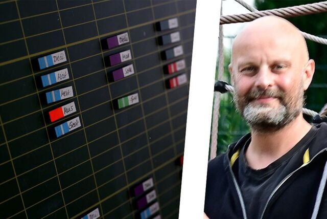 Links die Stundentafel einer Grundschule, rechts Thomas Spliethoff von der Haldenwangschule