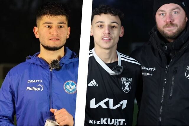 Traten nach dem Derby vor die Kamera: Emre Kücükaycan (l/FC Castrop-Rauxel) sowie Yassin Bouchantiya und Trainer Tino Westphal (r) von der SG Castrop.
