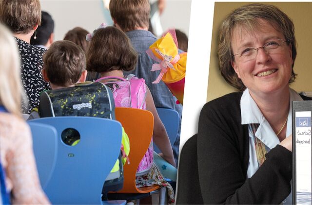 Links: Erstklässler, rechts: Juliane Hilke