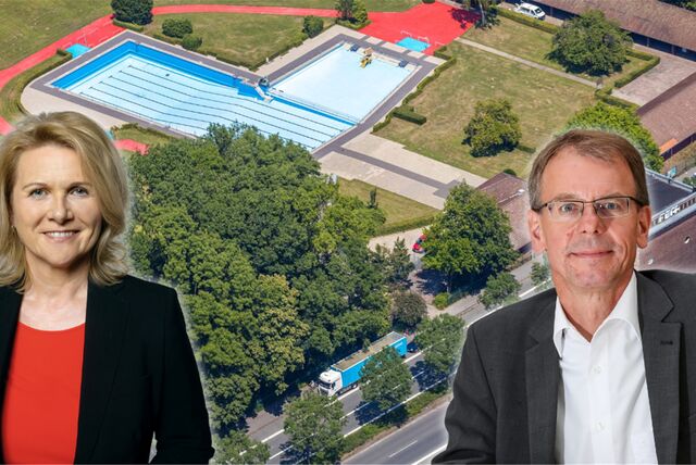 Die Dortmunder Bundestagsabgeordneten Sabine Poschmann und Markus Kurth vor dem Hintergrund des Freibads Stockheide