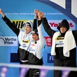 In Melbourne über die 4 x 50 m Lagen Mixed dabei: das Team aus Deutschland mit Ole Braunschweig, Anna Elendt, Marius Kusch (r.) und  Angelina Köhler.