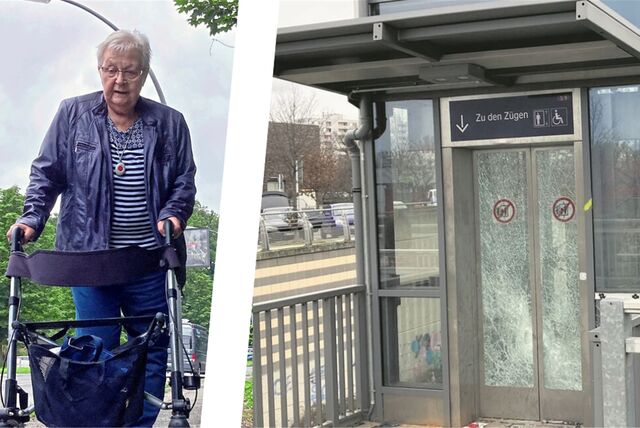 Eine Frau mit Rollator und der zerstörte Aufzug am Bahnhof Marl-Mitte.