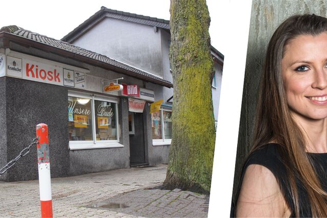 Montage: Die Bude an der Tinkhofstraße in Waltrop, rechts  im Bild Opferschutz-Anwältin Jessica Saldaña.