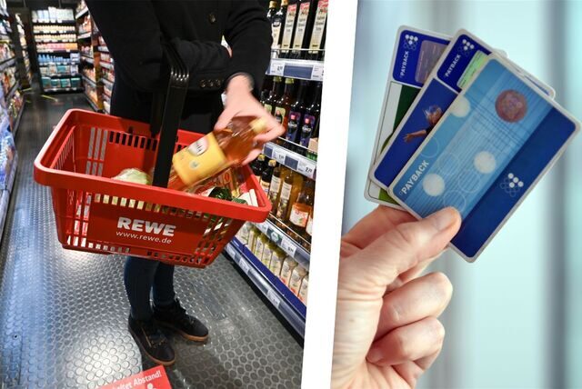 Ein Kunde legt bei Rewe eine Flasche Öl in einen Einkaufskorb, daneben hält eine Hand drei PaybackKarten.