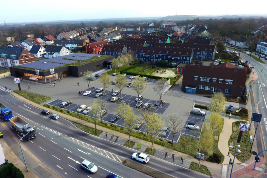 Der geplante Aldi-Markt an der viel befahrenen Ecke Westerholter Straße/Feldstraße in Herten. Der geplante Aldi-Markt an der viel befahrenen Ecke Westerholter Straße/Feldstraße in Herten.