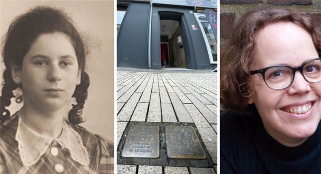 links Ilse Reifeisen, rechts Andrea Behnke, in der Mitte das Haus Essener Straße 12 mit den Stolpersteinen