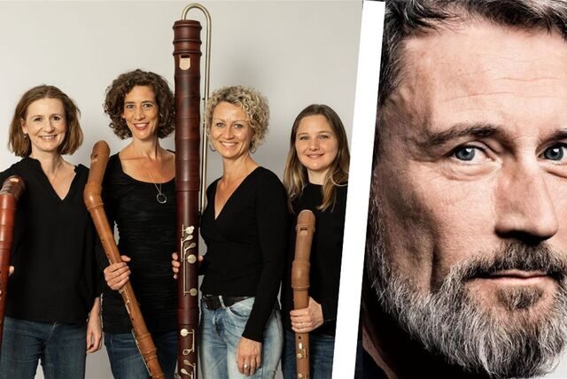 Das Blockföten-Ensemble „Flautando Köln“ mit Schauspieler Heikko Deutschmann.