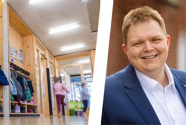 Montage: Links eine Szene in einer Kita, rechts Andreas Brausen, CDU-Fraktionsvorsitzender in Waltrop.