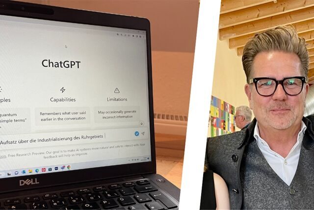 Dirk Brinkmann ist Schulleiter der Christoph-Stöver-Realschule in Oer-Erkenschwick. Neben ihm der Chatbot ChatGPT auf einem Computerbildschirm.