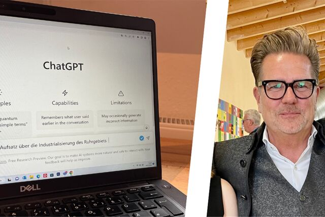 Dirk Brinkmann ist Schulleiter der Christoph-Stöver-Realschule in Oer-Erkenschwick. Neben ihm der Chatbot ChatGPT auf einem Computerbildschirm.