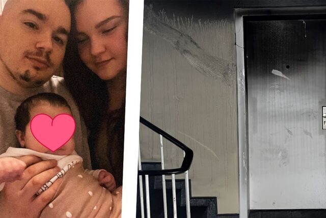 Familie und verrußte Wohnungstür.