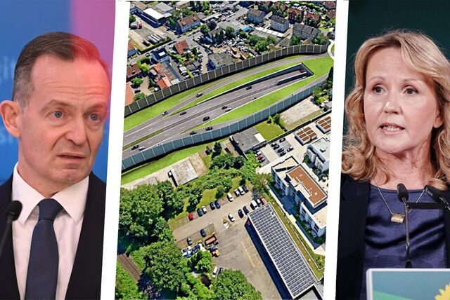 Die fotorealistische Entwurfsgrafik gewährt einen Blick auf die Tunneleinfahrt der A52 in Gladbeck. Verkehrsminister Volker Wissing (FDP) und Umweltministerin Steffi Lemke (Grüne) vertreten unterschiedliche Auffassungen zur Verkehrspolitik der Bundesregierung.