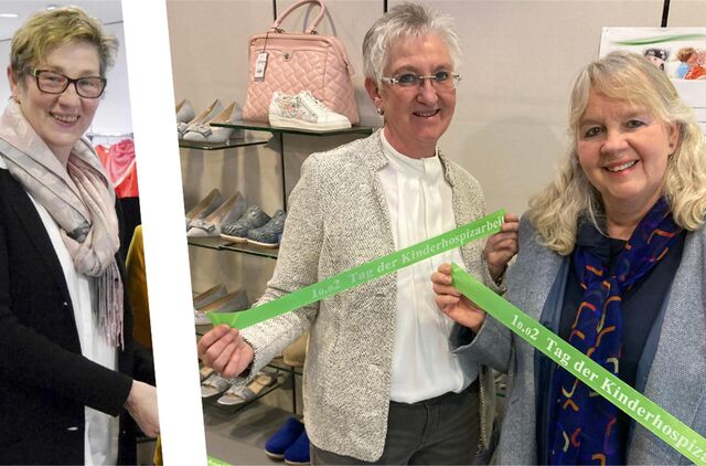 Seit mehr als zehn Jahren spendet die Schuhoase von Inhaberin Ursula Thierling (l.) für den Kinderhospizdienst. Die jüngste Spende überreichte Schuhfachverkäuferin Ute Didschuweit (M.) an Anne Grunenberg vom Ambulanten Kinderhospizdienst in Recklinghausen.