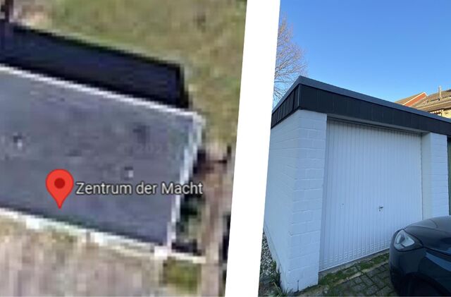 Screenshot von Google Maps und eine weiße Garage