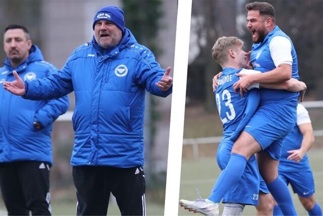 Huckardes Trainer (linkes Bild, vorn) und Frohlindes Doppel-Torschütze Omar Demir.