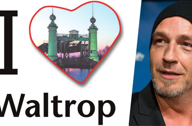 Montage aus einem „I love Waltrop“-Herzchen mit Hebewerk-Motiv und Torsten Sträter.