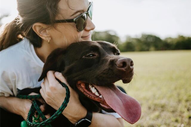 Eine Frau hält einen Hund im Arm.