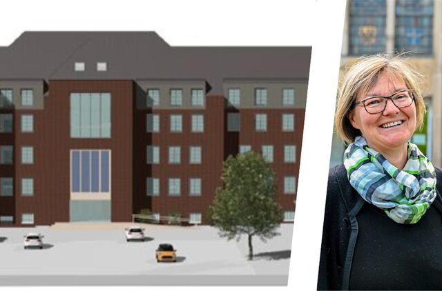 Montage: Rechts eine Zeichnung des neuen Seniorenzentrums Hirschkamp in Waltrop, rechts im Bild Geschäftsführerin Ursula Eskes.