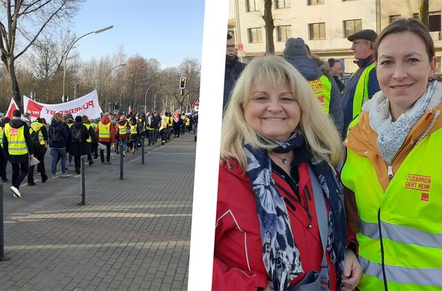 Eine Gruppe von Menschen demonstriert (links), zwei Frauen im Bild rechts.